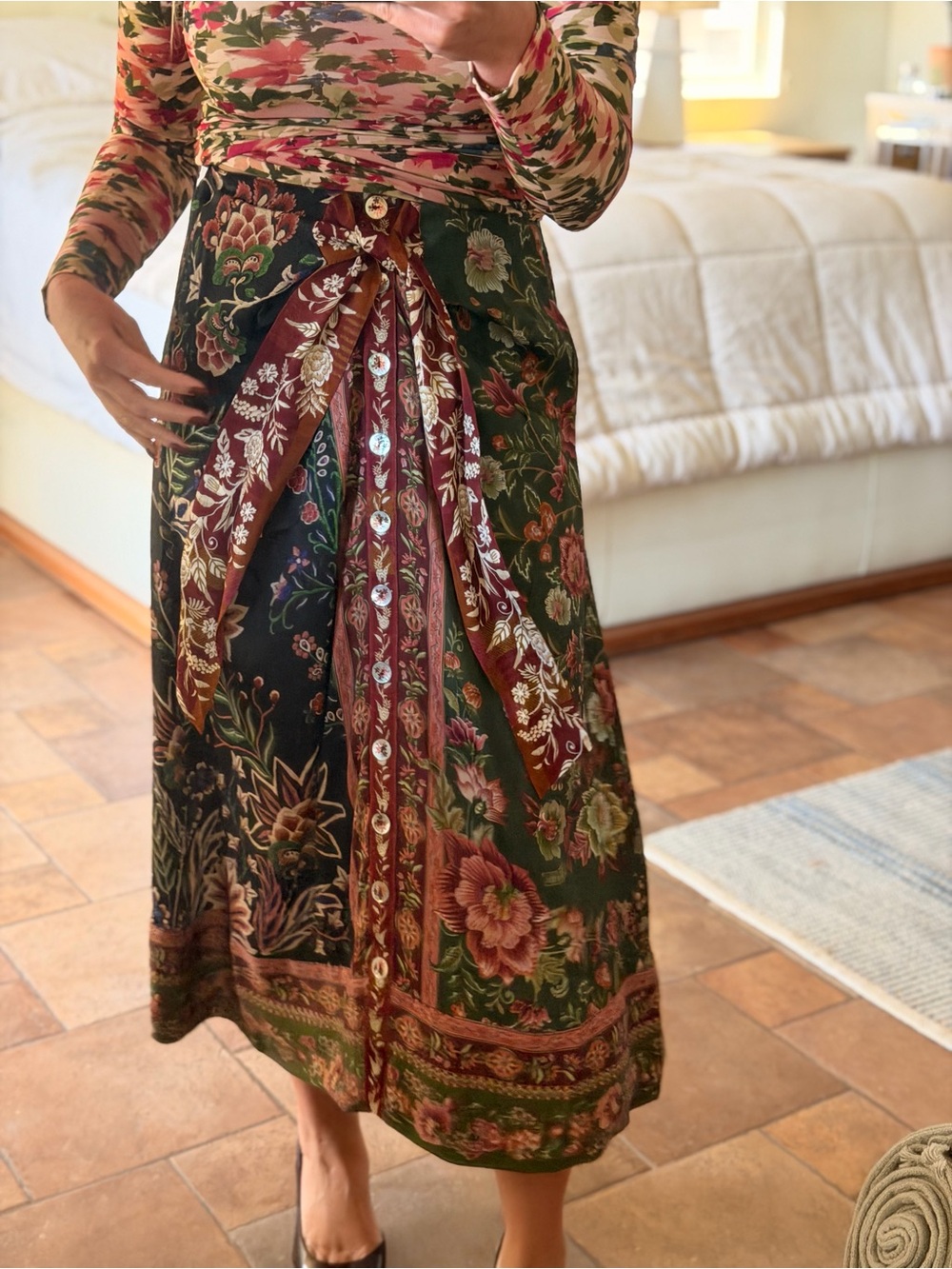 FARM Rio Green and Burgundy Floral Midi Wrap Dress